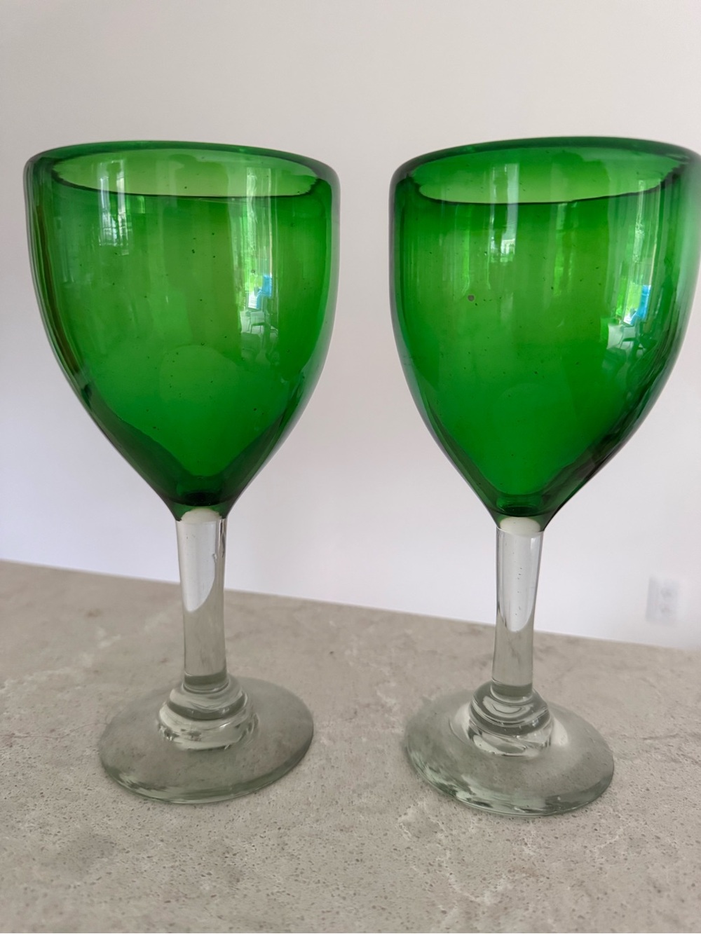 Mexican Green Handblown Glass Wine Goblets - Set of 2